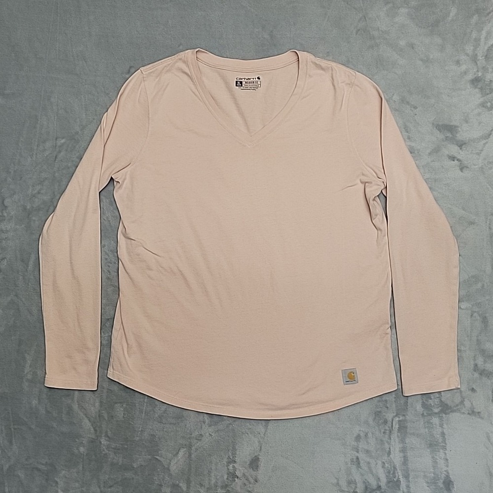 Carhartt Shirt Womens XL Pink Relaxed Fit V-Neck Workwear Casual Long Sleeve